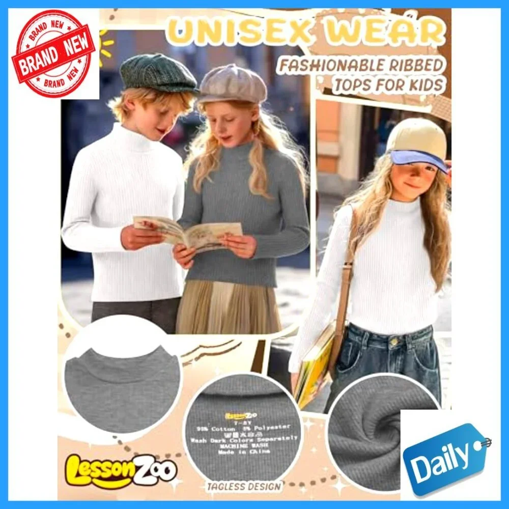 3 Pack Girls' Ribbed Long Sleeve Mock Turtleneck Cotton Tees Base Layer